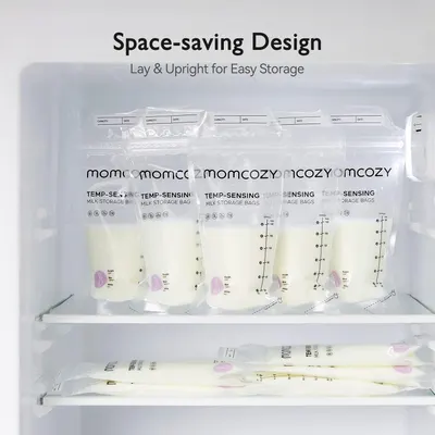 Demonstrates how the milk storage bags can be stored both upright and flat to save space in the refrigerator or freezer.
