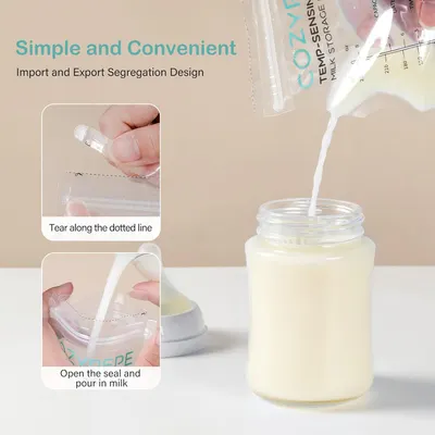 Demonstrates the simple steps to open and use the milk storage bag, emphasizing convenience for parents.