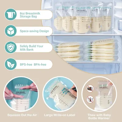 Highlights multiple benefits of the breastmilk storage bags, including their capacity, space-efficiency, safety, and user-friendly features to appeal to nursing mothers.