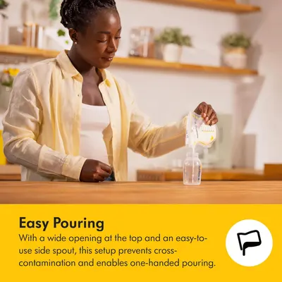 Demonstrates the product's easy pouring feature, highlighting convenience and preventing cross-contamination.