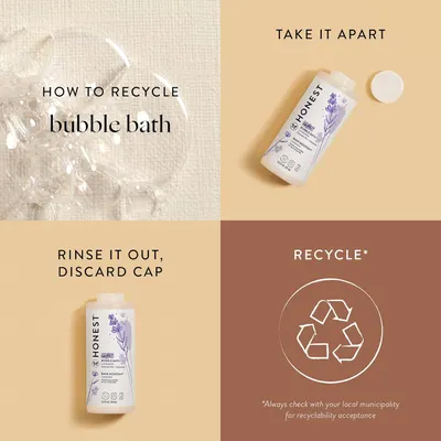 Guides customers on how to properly recycle the bubble bath product packaging, promoting environmental responsibility.