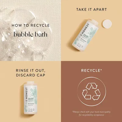 Guides customers on how to properly recycle the bubble bath product packaging, promoting environmental responsibility.