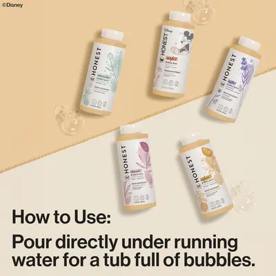 Instructs customers on the proper way to use the bubble bath product to achieve the desired result. Showcases the range of bubble bath scents/varieties available in the product line.