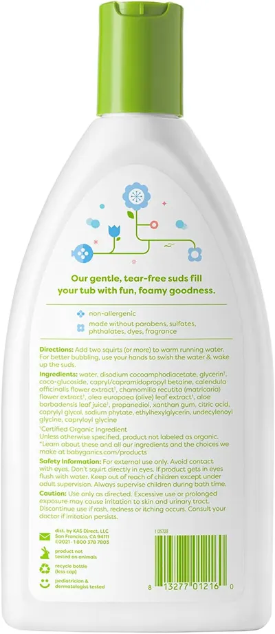 Highlights the product's gentle and tear-free formula to reassure parents about its safety and suitability for children's bath time. Emphasizes the product's safety by listing ingredients it doesn't…