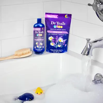Demonstrates how the Dr Teal's Kids products can be used together as part of a calming bedtime routine, showcasing their effectiveness for bath time and sleep preparation.