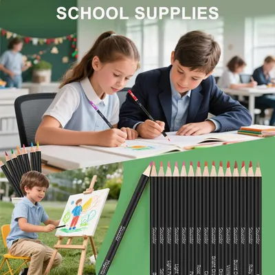 Demonstrates various ways students can use the colored pencils for schoolwork and creative activities.