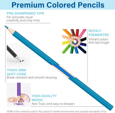 Highlights multiple quality features of the colored pencils to demonstrate their premium nature and suitability for accurate, vibrant, and smooth drawing.