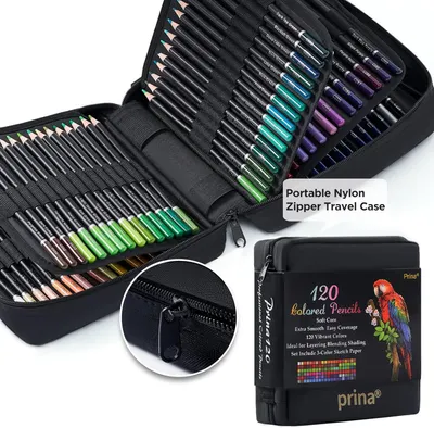 Shows the complete set of colored pencils included and highlights the portable nylon zipper travel case for organization and convenience.