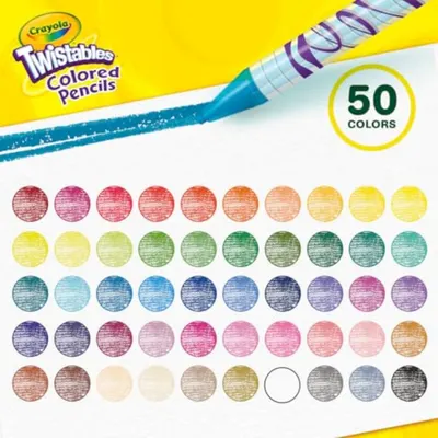 Showcases the wide range of 50 colors available and highlights the twistable pencil design for easy use.