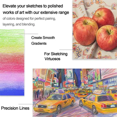 Showcases multiple features of the product, emphasizing its ability to create smooth gradients, precision lines, and blend colors for various artistic styles.