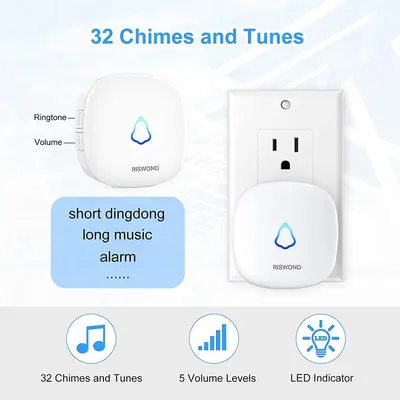Highlights the product's versatility with 32 chimes/tunes, adjustable volume, and visual LED indicator to appeal to different user preferences.