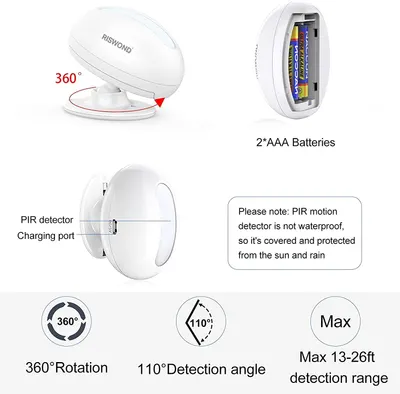 Highlights key features and components of the motion detector, including its 360° rotation capability, battery power, and PIR sensor placement.
