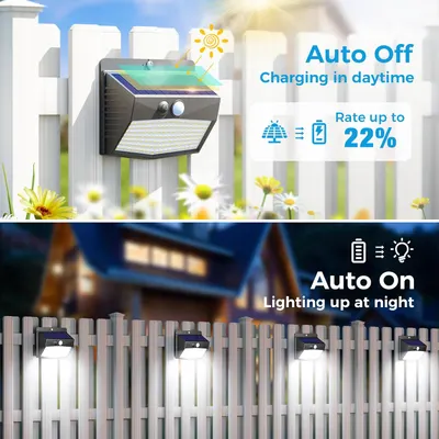 Demonstrates the product's dual functionality of charging during the day and automatically lighting up at night, highlighting its energy efficiency and convenience.
