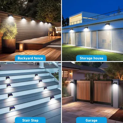 Demonstrates various outdoor applications for the solar lights, including fences, storage areas, stairs, and garages to show versatility and security benefits.