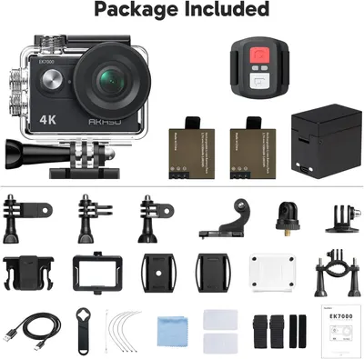 Shows all the items included in the package to demonstrate value and completeness of the action camera kit.