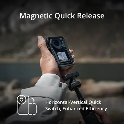 Highlights the camera's magnetic quick release feature for easy switching between horizontal and vertical orientations, enhancing efficiency for the user.