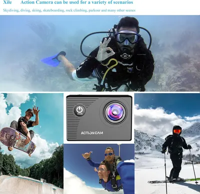 Demonstrates the wide range of activities and environments where the action camera can be used, from underwater diving to skydiving, skateboarding, and skiing.