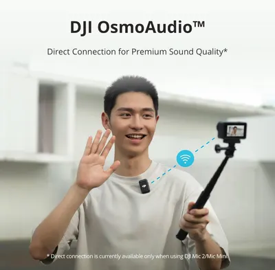 Highlights the DJI OsmoAudio feature for direct connection and premium sound quality, emphasizing improved audio recording for content creators.