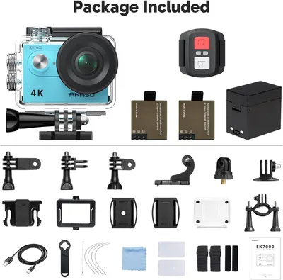 Shows all the items included in the package to demonstrate value and completeness of the action camera kit.