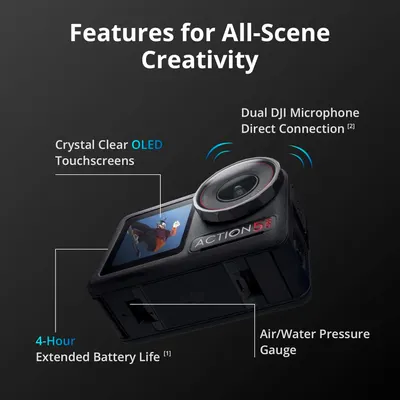 Highlights multiple key features of the Action 5 8 camera to showcase its versatility and advanced capabilities for creative filming.