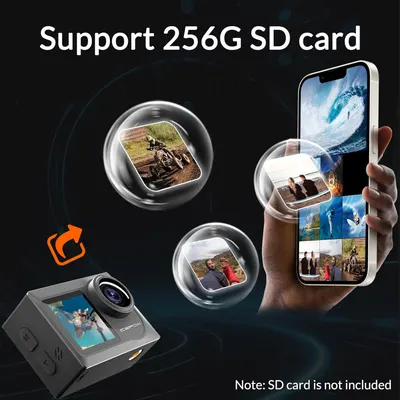 Highlights the product's ability to support a 256GB SD card, emphasizing its high storage capacity for capturing and storing many photos and videos.