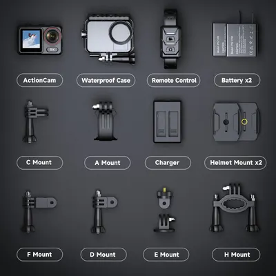Shows all the items included in the action camera package, highlighting the comprehensive set of accessories and mounts provided.