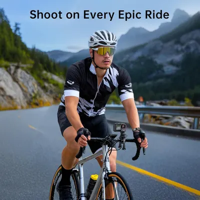 Demonstrates the product's use case for capturing cycling adventures, showcasing its suitability for outdoor sports and action photography. Shows the product in a real-world context, emphasizing its…