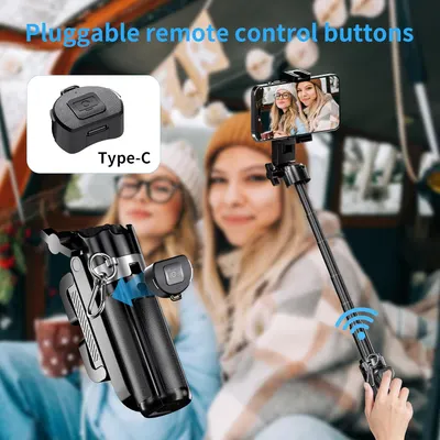 Showcases multiple features of the product including its remote control capability, Type-C compatibility, and use as a selfie stick for smartphones.