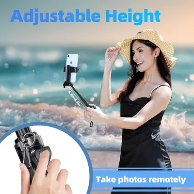 Highlights the product's adjustable height feature, showing how it enables users to take photos remotely at different angles.