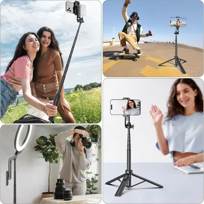 Demonstrates the various ways the selfie stick and tripod can be used for different activities and content creation scenarios.