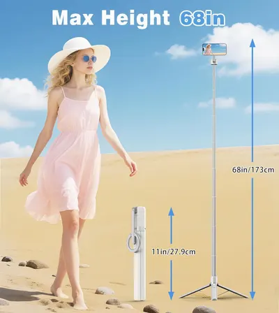 Demonstrates the maximum extended height of the selfie stick and its compact folded size to show versatility and portability. Provides exact measurements of the product's extended and folded lengths…