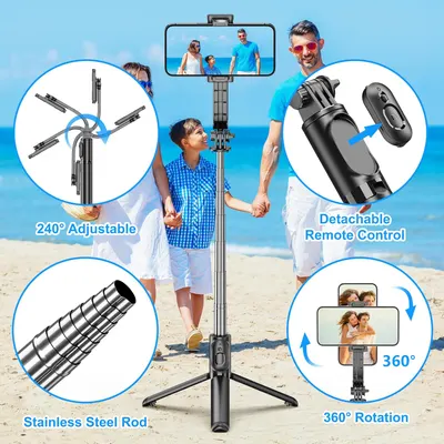 Highlights multiple features of the selfie stick tripod to show its versatility and ease of use for capturing group photos and videos.