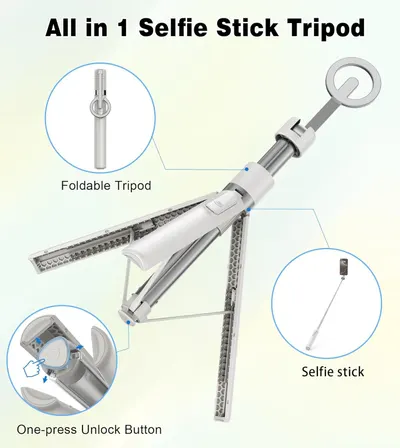 Showcases the product's versatility as an all-in-one device that can function as both a tripod and selfie stick with easy operation.
