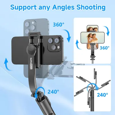 Highlights the product's ability to support shooting from any angle, emphasizing its versatility for capturing photos and videos.