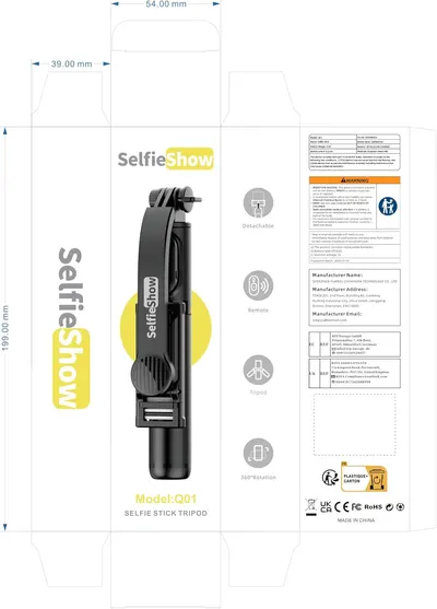 Highlights multiple features of the selfie stick tripod to showcase its versatility and ease of use. Shows the complete product package, including the selfie stick tripod and its key features.