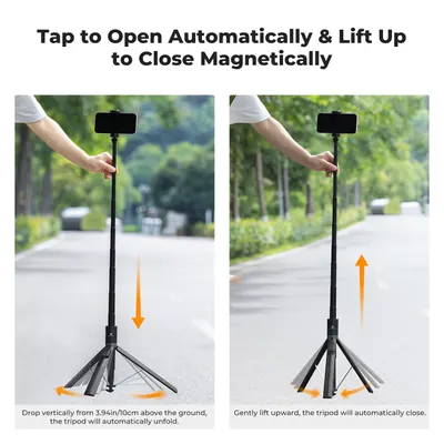 Demonstrates the ease of use by showing how to open and close the tripod automatically.