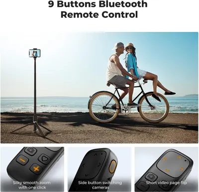 Showcases the product's dual functionality as a Bluetooth remote control and selfie stick, emphasizing its versatility for capturing photos and videos.