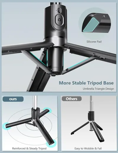 Highlights the improved stability and design features of the product's tripod base compared to competitors. Demonstrates the superior stability of the product's tripod design compared to other…