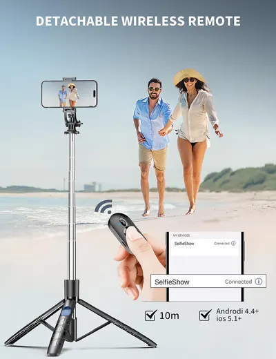 Highlights the product's wireless remote feature, emphasizing convenience for taking photos from a distance.
