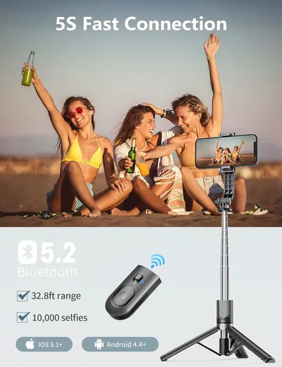 Highlights the product's fast 5S Bluetooth connection feature, emphasizing its ease of use for taking group selfies and photos.