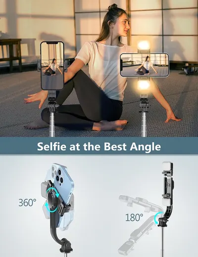 Demonstrates the product's versatility in capturing selfies and videos from various angles, showcasing its adjustable positioning capabilities. Illustrates how to use the product to achieve optimal…