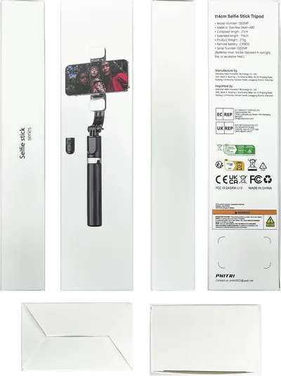 Shows all the components included with the selfie stick tripod, including the main stick, phone mount, and remote control. Highlights the key features and specifications of the selfie stick,…