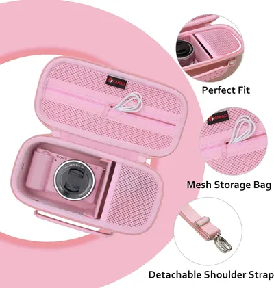 Showcases the custom-fit camera case with internal storage compartments for accessories, emphasizing organization and protection. Highlights the case's perfect fit for the specific camera model,…