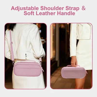 Highlights the versatility and comfort of the bag's carrying options, emphasizing its adjustable shoulder strap and soft leather handle for user convenience.