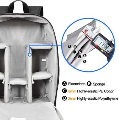 Demonstrates the thickness and composition of the backpack's interior padding to reassure customers about the protection it offers for their equipment.