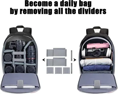 Demonstrates how to convert a camera bag into a daily use bag by removing dividers, showing versatility of the product. Shows the bag's versatility for both camera gear storage and everyday items,…