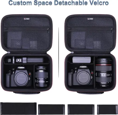 Shows how the camera case can be customized to fit different camera bodies and lenses using detachable velcro dividers.
