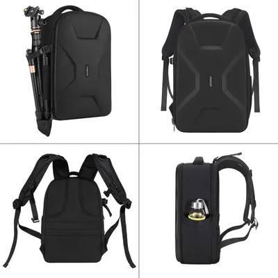 Shows the backpack's capacity to store camera gear and attach a tripod, demonstrating its functionality for photographers. Illustrates multiple views and uses of the backpack, highlighting its…