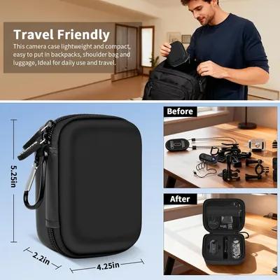 Demonstrates the versatility and portability of the camera case for various travel scenarios and everyday use. Provides exact measurements of the camera case to show its small, travel-friendly size.
