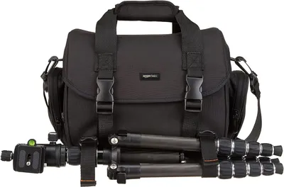 Shows the complete package a customer receives, including the camera bag and a compatible tripod, to demonstrate value and readiness for use.